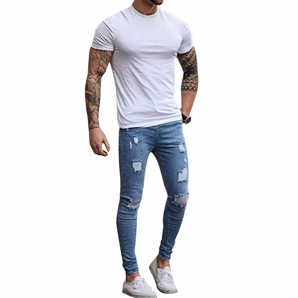 Fashion Destroyed Torn Pants Men's Pant Zipper Skinny Jeans (Blue) - LioLane Electronic's